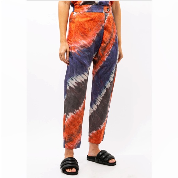 RAQUEL ALLEGRA Silk Blend Tie Dye Front Flat Pants Boho Ankle Length Crop 0 - Picture 1 of 14